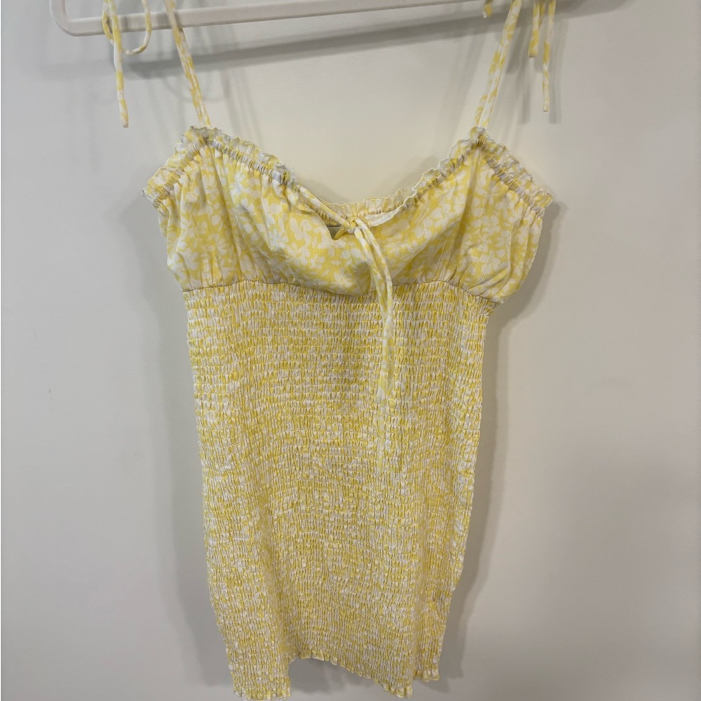 Princess Polly white and yellow rouched mini dress with spaghetti straps